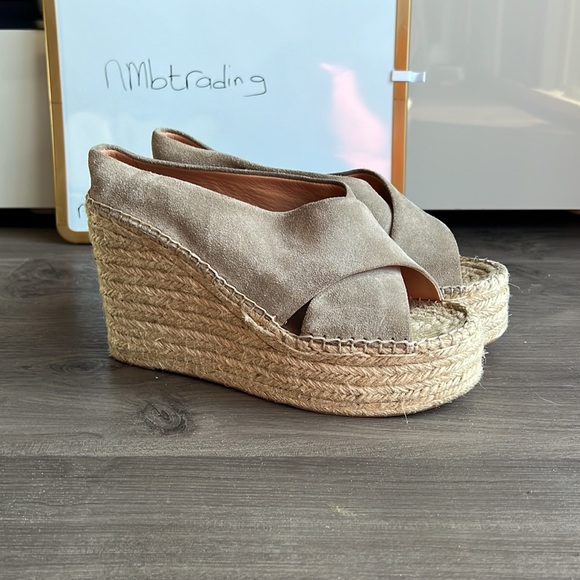 Sigerson Morrison sueded gray leather cork platform wedge slip on peep toe wedge - Picture 3 of 16